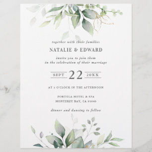 Aquarell botanisch blau gold elegante Hochzeit Flyer
