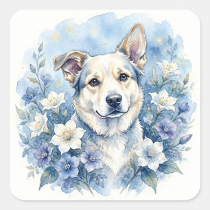 Aquarell-Botanische-Floral-Hundeporträt Quadratischer Aufkleber