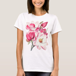 Aquarell Botanische Rosa Magnolienblüten T-Shirt