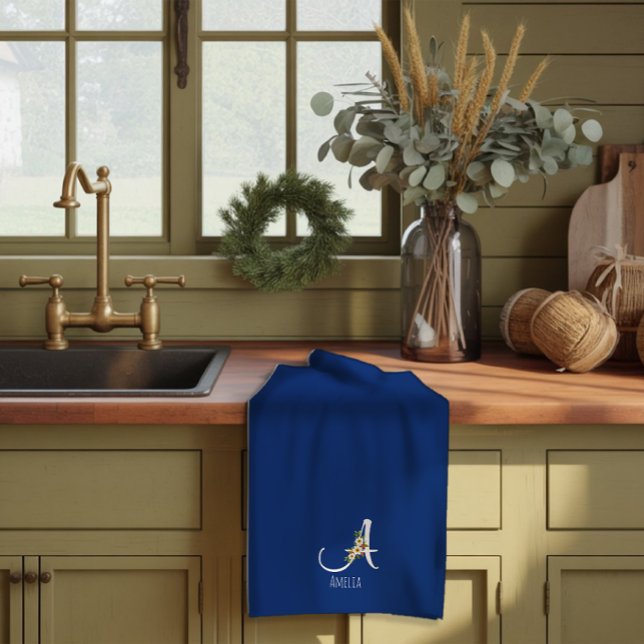 Aquarell botanisches blaues Initialmonogramm Geschirrtuch (Von Creator hochgeladen)