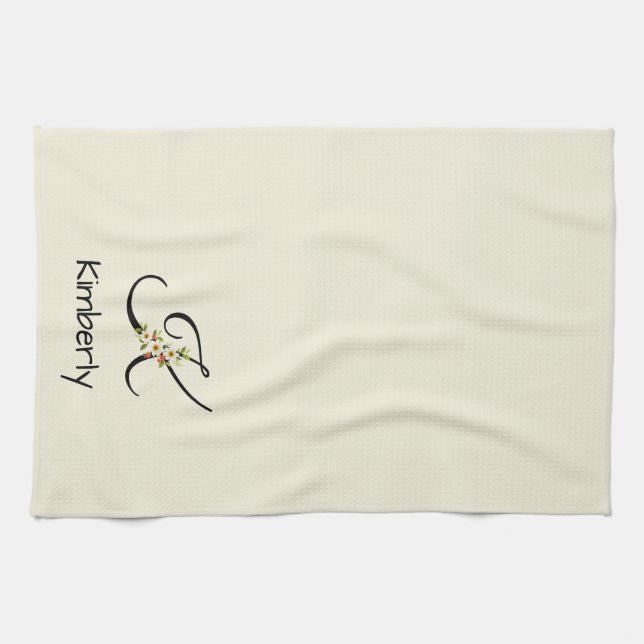Aquarell botanisches schwarzes Initialmonogramm Geschirrtuch (Horizontal)