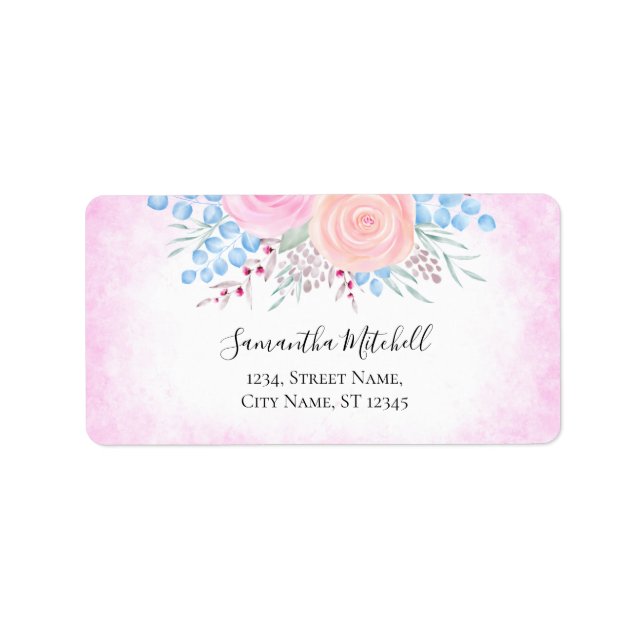 Aquarell Bouquet Pink Roses Blau Blätter Adressaufkleber (Vorne)
