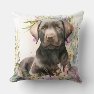 Aquarell-Braun-Labrador-Retriever und Blumen Kissen