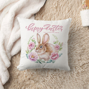 Aquarell Braun und Rosa Floraler Kranz Ostern Kissen