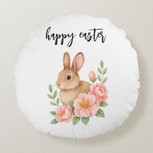 Aquarell Braun und Rosa Floraler Kranz Ostern Rundes Kissen