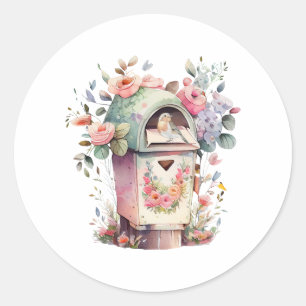 Aquarell-Briefkasten mit Blumen und Vogel Runder Aufkleber
