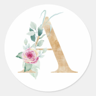 Aquarell Buchstabe A mit Rosen  Runder Aufkleber