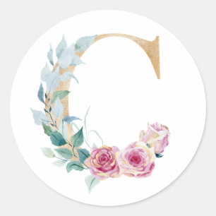 Aquarell Buchstabe C mit Rosen  Runder Aufkleber