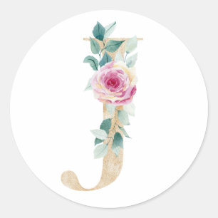 Aquarell Buchstabe J mit Rosen Runder Aufkleber