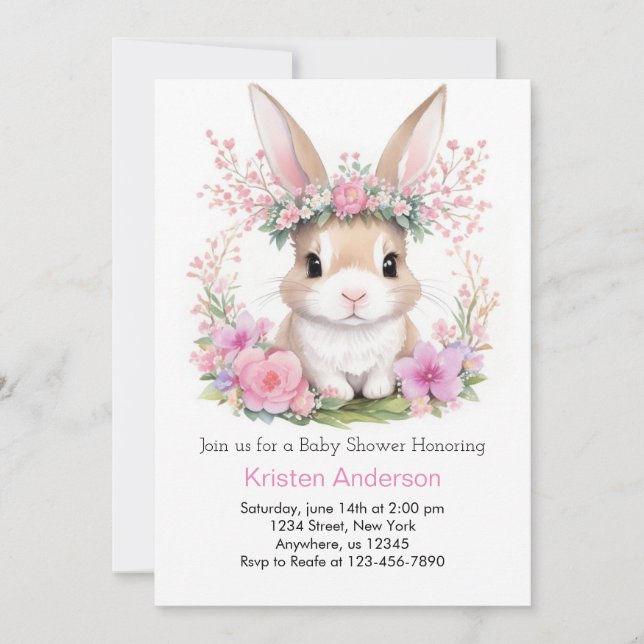 Aquarell Bunny Dreams Pink Girl Babydusche Einladung (Vorderseite)