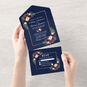 Aquarell-Burgund-Blau-Floral-Hochzeit All In One Einladung