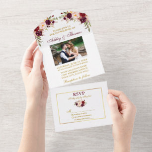 Aquarell-Burgund-Floral-Foto-Hochzeit-Gold All In One Einladung