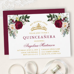 Aquarell-Burgunder-Blumen-Gold-Quinceanera Einladung