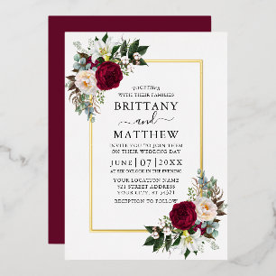 Aquarell-Burgunder-Blumen-Grün-Hochzeit-Gold Folieneinladung