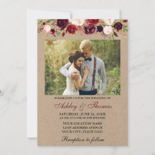 Aquarell-Burgunder-Blumen-Kraft-Foto-Hochzeit Einladung