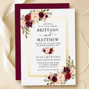 Aquarell-Burgunder-Blumenhochzeit 2 Rahmen Gold Folieneinladung