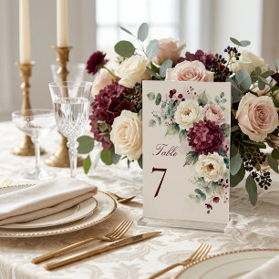 Aquarell-Burgunder-Rosé-Blumen-Herbsthochzeit Tischnummer