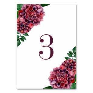 Aquarell burgunderrote Blumen. Dahlien Hochzeit Tischnummer