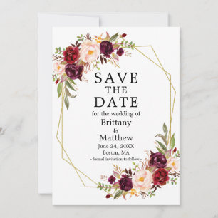 Aquarell Burgundy Floral Gold Geo Frame Save The Date