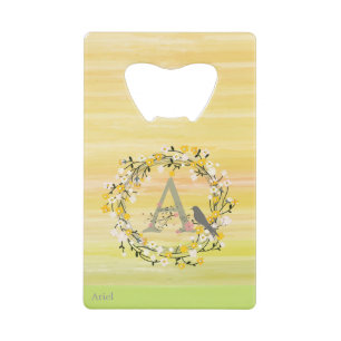 Aquarell-Bürsten-Linien, Frühlings-Kranz-Monogramm Geldkarten Flaschenöffner
