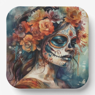 Aquarell Catrina Dia de los Muertos Zucker-Schädel Pappteller