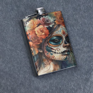 Aquarell Catrina Dia de los Muertos Zuckerschädel Flachmann