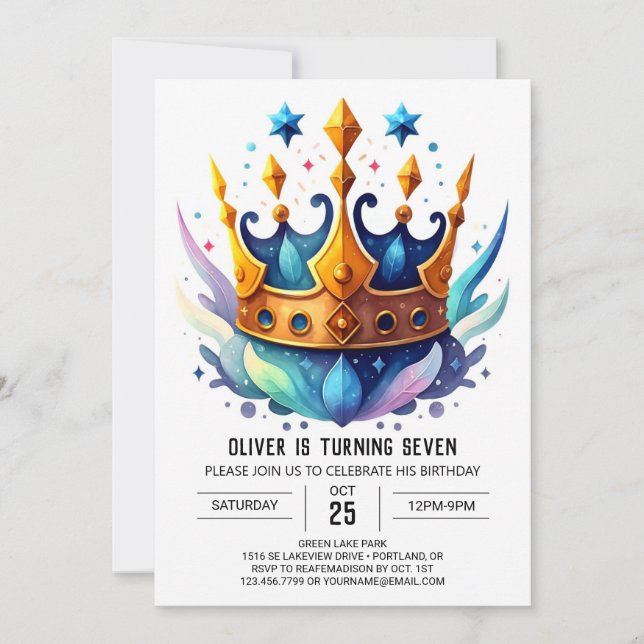 Aquarell Chic Prince Crown Geburtstag Einladung (Vorderseite)