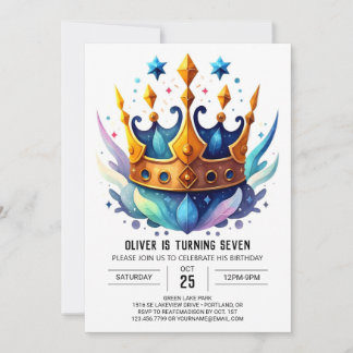 Aquarell Chic Prince Crown Geburtstag Einladung
