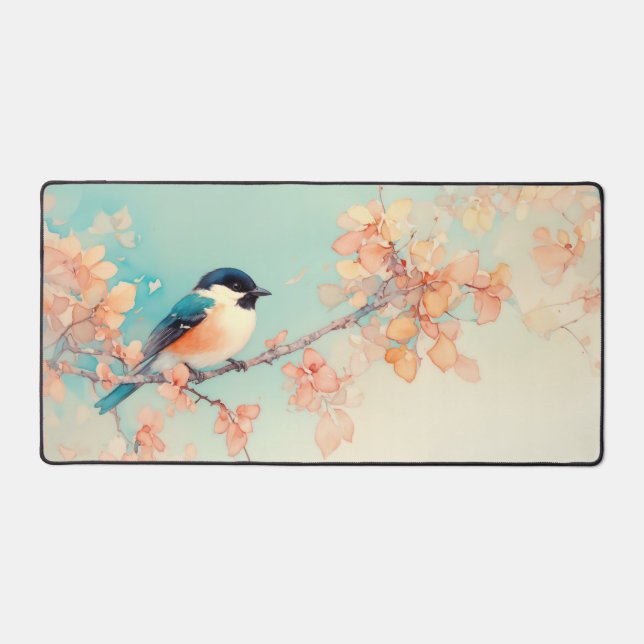Aquarell Chickadee Aqua Pfirsichblüte Schreibtischunterlage (Vorderseite)