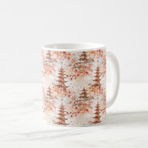 Aquarell-Chinesische Pagode mit Kirschblüten Kaffeetasse