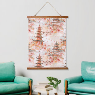 Aquarell-Chinesische Pagode mit Kirschblüten Wandteppich Mit Holzrahmen