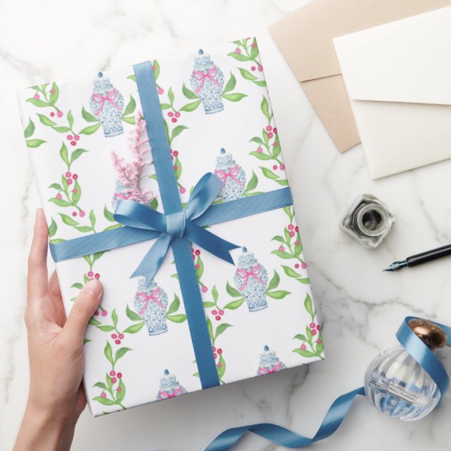 Aquarell Chinoiserie Blau und Pink Ginger Jars Geschenkpapier (Schenken)