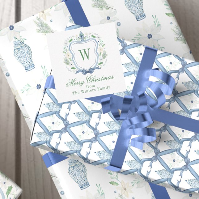 Aquarell Chinoiserie Ginger Jar Monogram Wappen Mitteilungskarte (Watercolor Chinoiserie Ginger Jar Christmas Monogram Crest Gift Enclosure Cards)