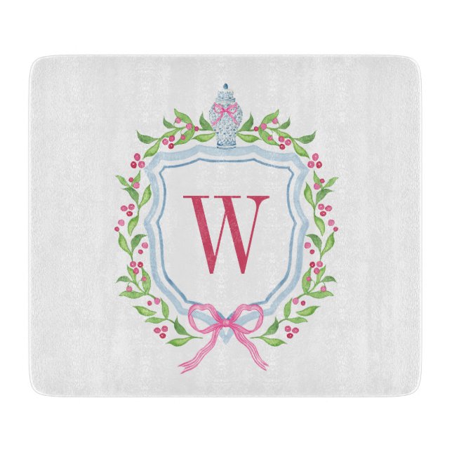 Aquarell Chinoiserie Ginger Jar Monogram Wappen Schneidebrett (Vorderseite)