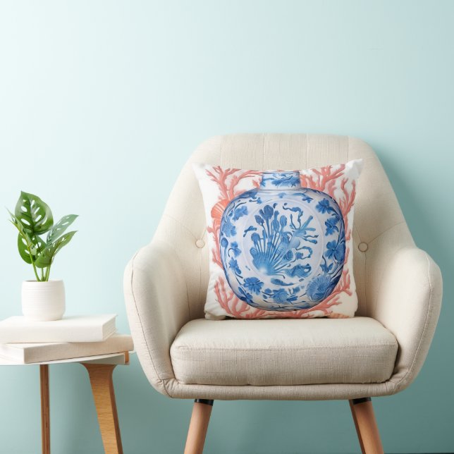 Aquarell Chinoiserie Ginger Jar und Coral Kissen (Stuhl )