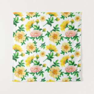 Aquarell-Chrysanthemen. Gelbe Blumen mit grü Wandteppich