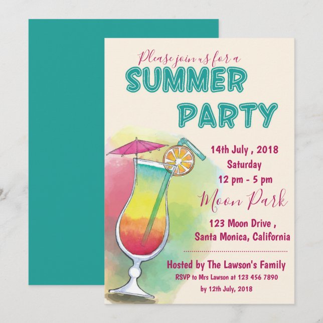 Aquarell | Cocktailglas | Summer Party Einladung (Vorne/Hinten)