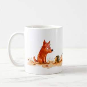 Aquarell-Comic-Hund und Igel begegnen sich Kaffeetasse