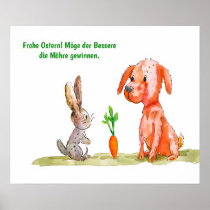 Aquarell-Comic-Katze mit Osterhasen Poster