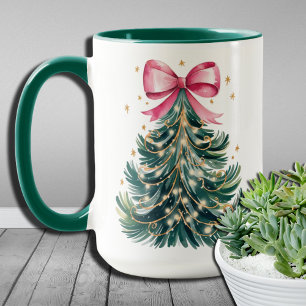 Aquarell Coquette Schleife Glitter Weihnachtsbaum Tasse