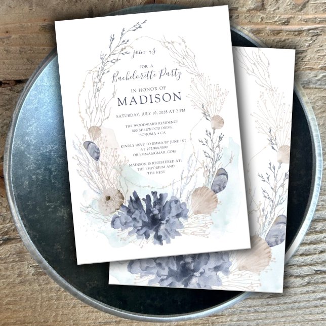 Aquarell Coral Seashell Beach Junggeselinnen-Absch Einladung (Von Creator hochgeladen)