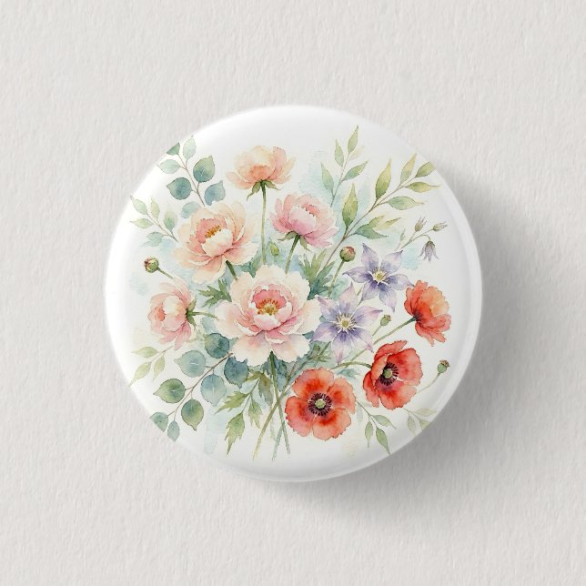 Aquarell Cottage-Garten-Wildblumenstrauß Button (Vorderseite)