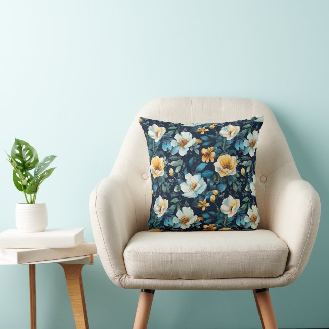 Aquarell Cream Yellow Blue Florals Kissen (Stuhl )