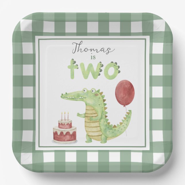 Aquarell Crocodile 2. Geburtstag Pappteller (Vorderseite)