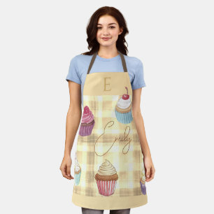 Aquarell-Cupcake-Gelbkariert-Monogramm-Bäcker Schürze