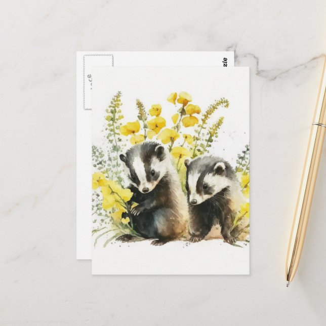 Aquarell Dachse Postkarte (Vorderseite/Rückseite Beispiel)