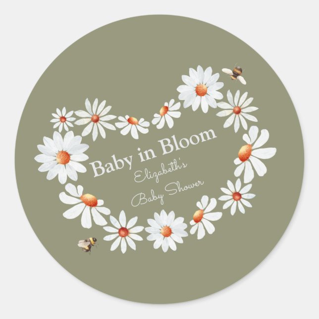 Aquarell Daisy & Bumble Bee Baby Dusche Runder Aufkleber (Vorderseite)