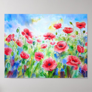 Aquarell, das rotes Mohnblumen-Feld malt Poster