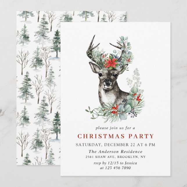 Aquarell Deer Poinsettia Wreath Weihnachtsfest Par Einladung (Vorne/Hinten)