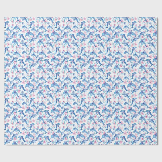 Aquarell Delfin Blumenmuster Geschenkpapier (Flach)